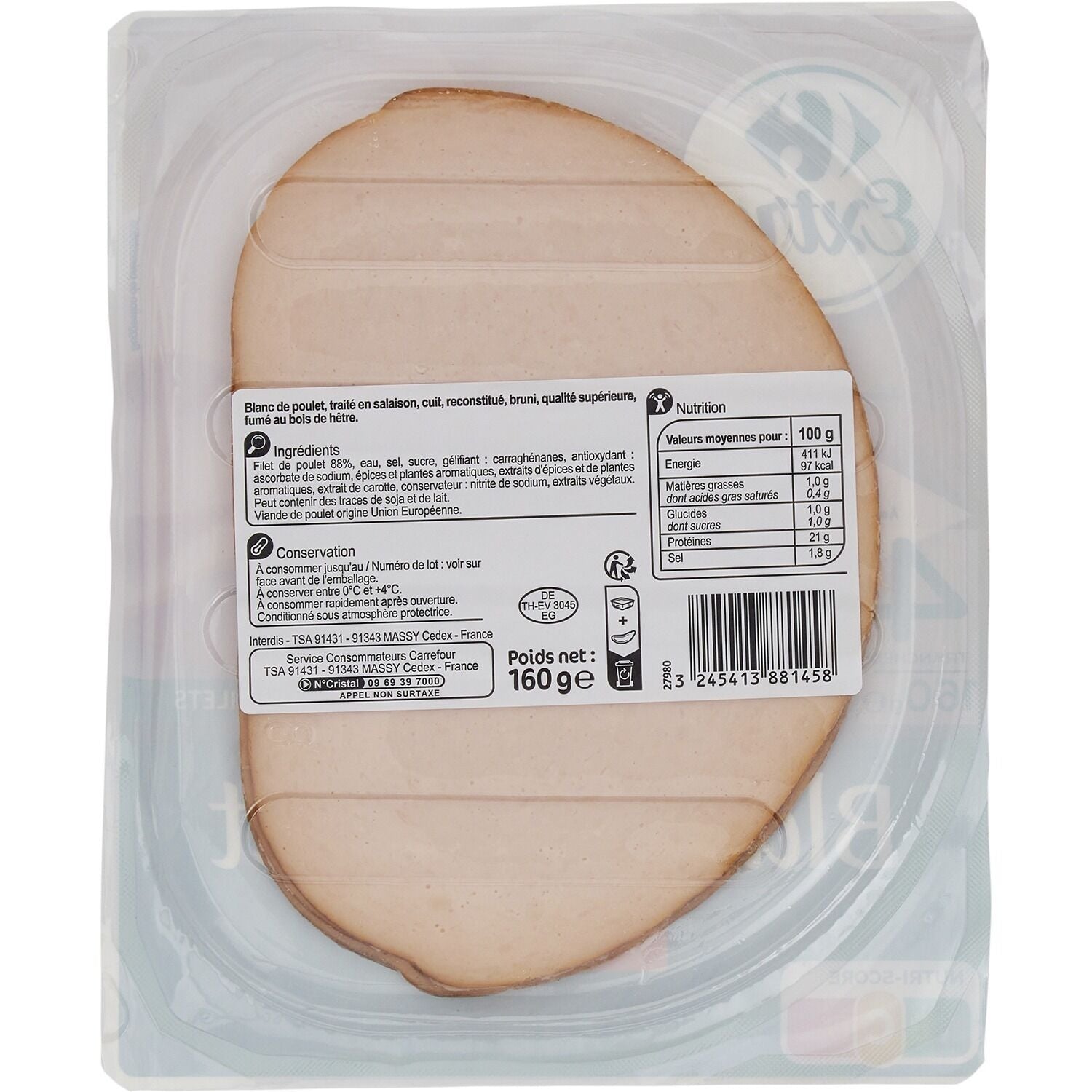 Blanc de poulet Fumé - CARREFOUR EXTRA - La barquette de 4 tranches - 160 G