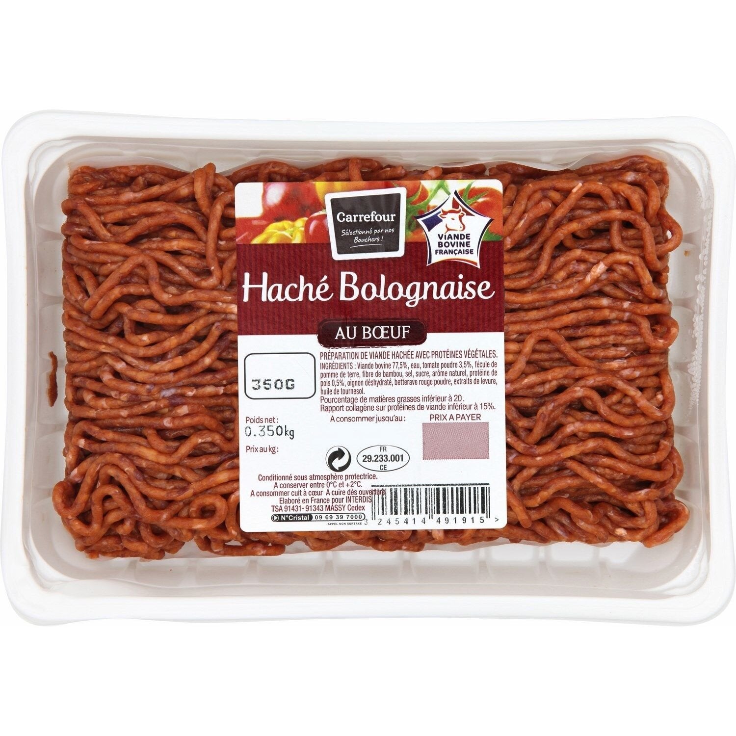 Viande hachée au bœuf bolognaise CARREFOUR - 350g