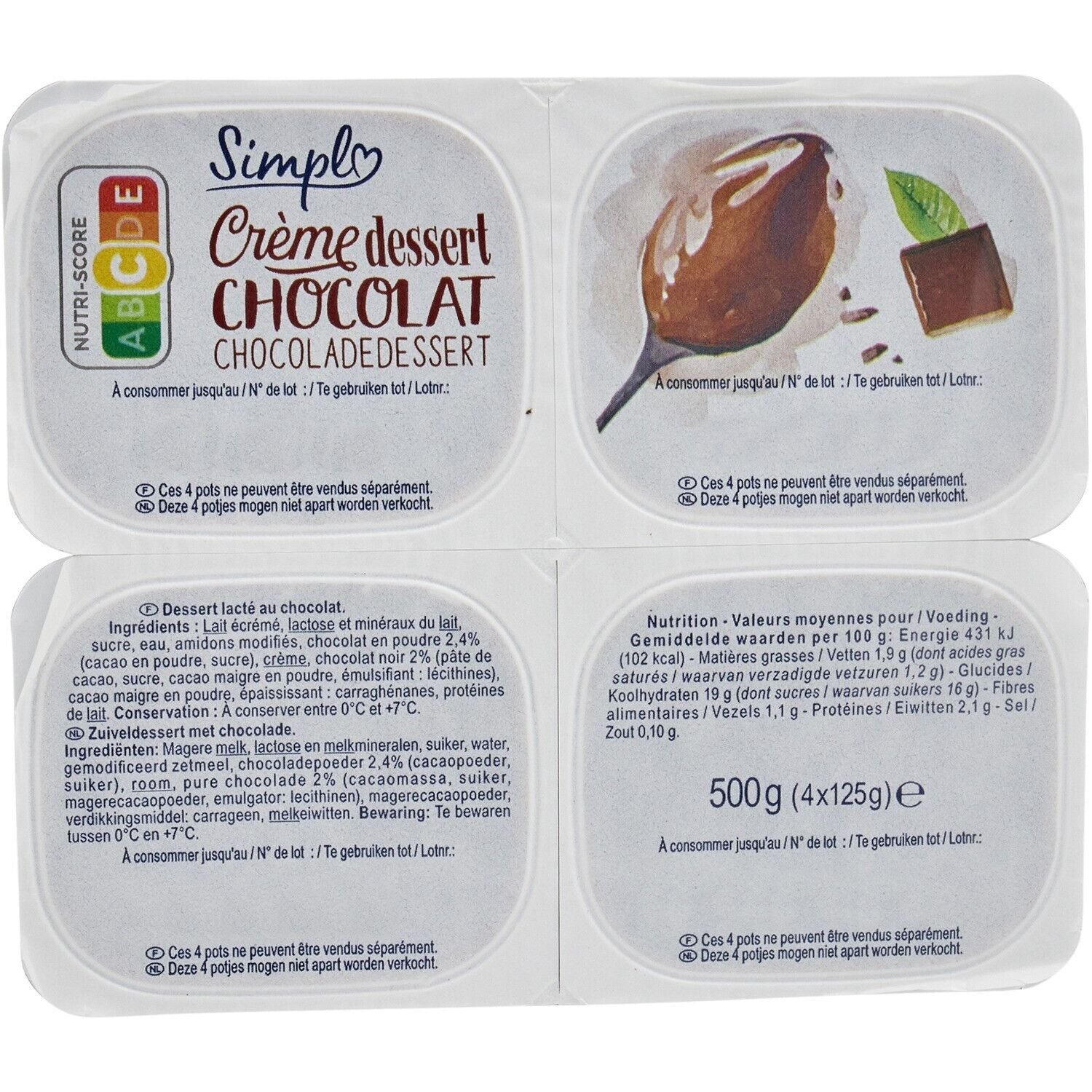 Crèmes dessert chocolat SIMPL - Les 4 pots de 125 G
