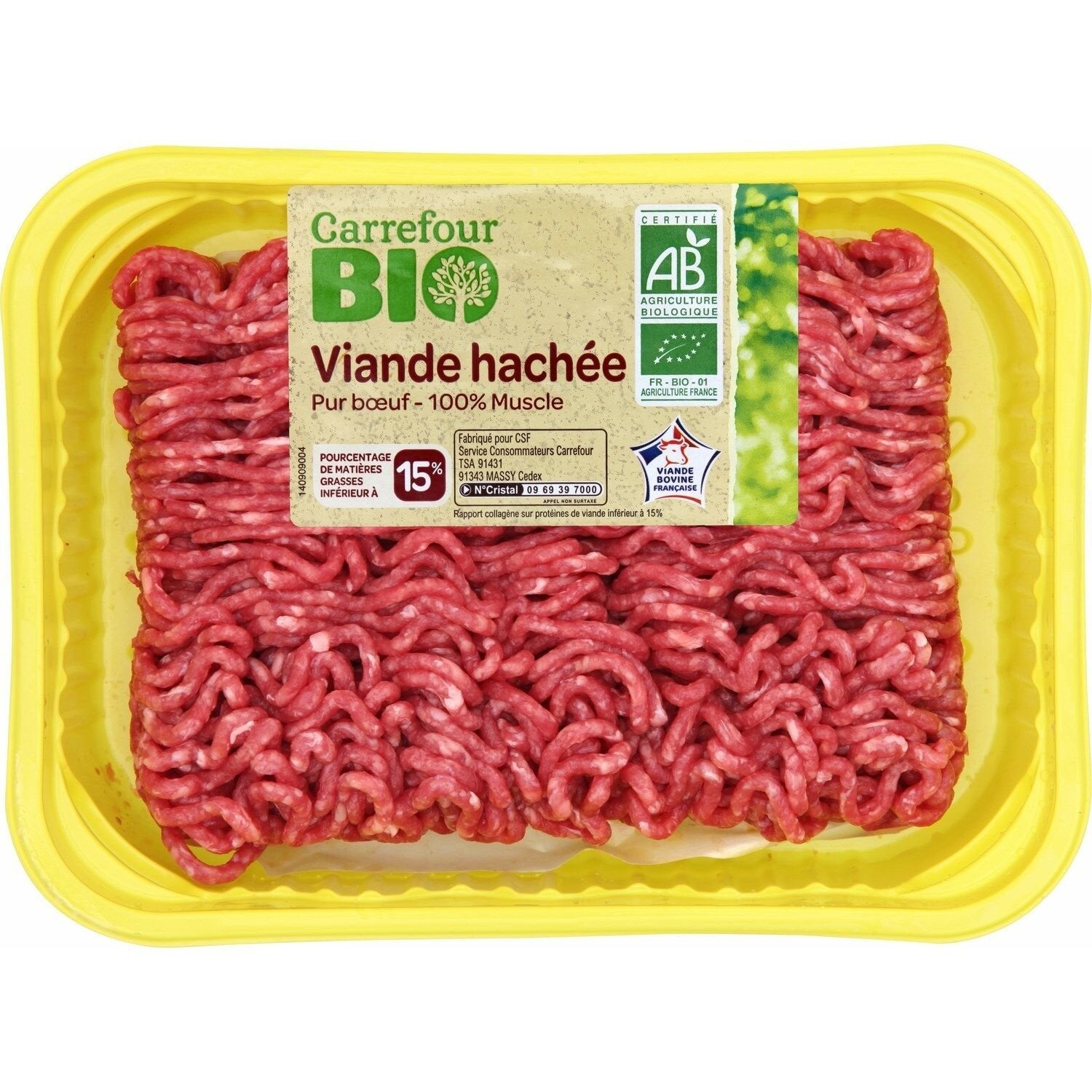 Viande Bovine : Viande hachée pur bœuf 15% MG Bio CARREFOUR BIO - 350g