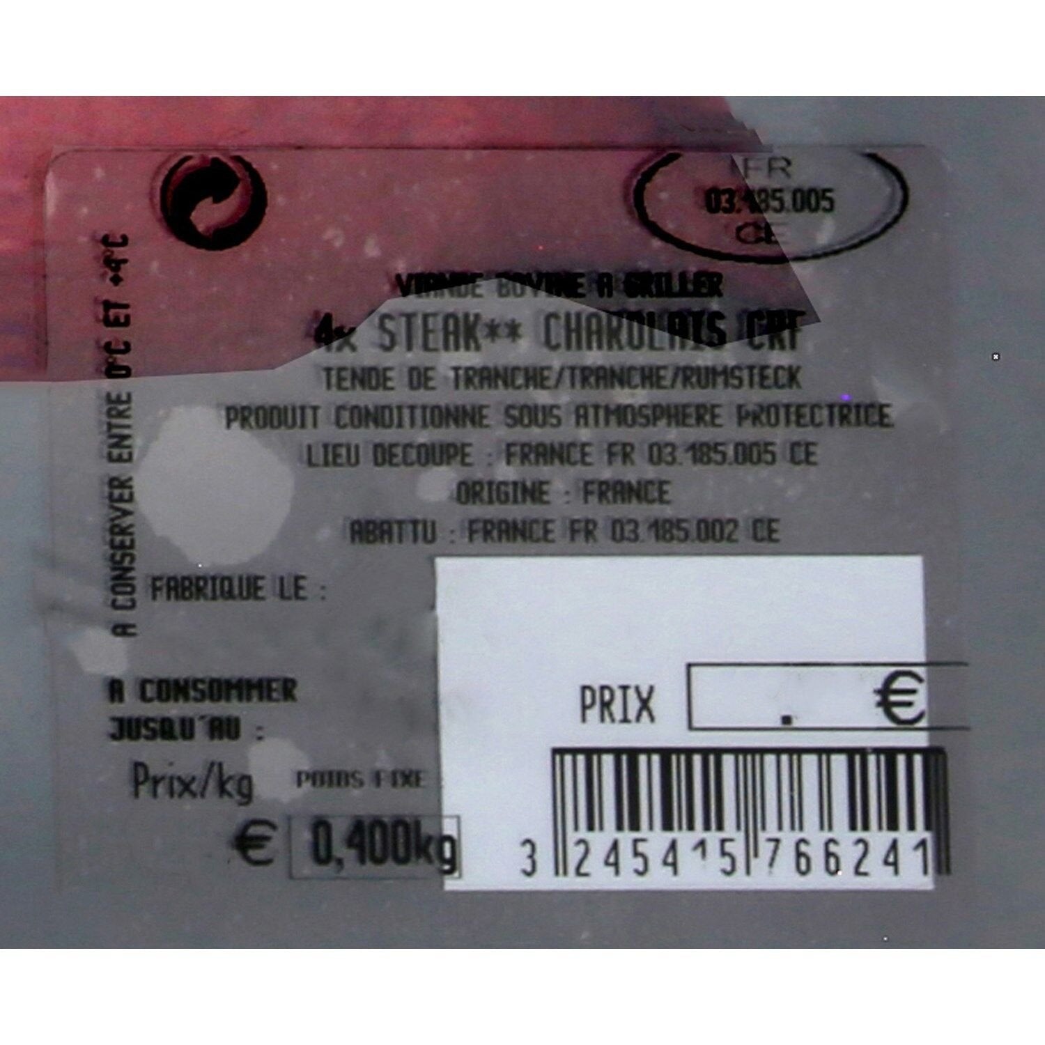 Viande Bovine - Steak Charolais à griller -  la barquette de 4 PCS - 400 G