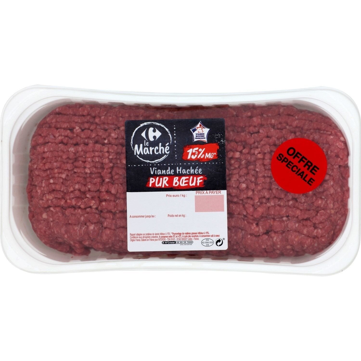 Viande hachée pur bœuf 15% MG CARREFOUR LE MARCHE - 1Kg