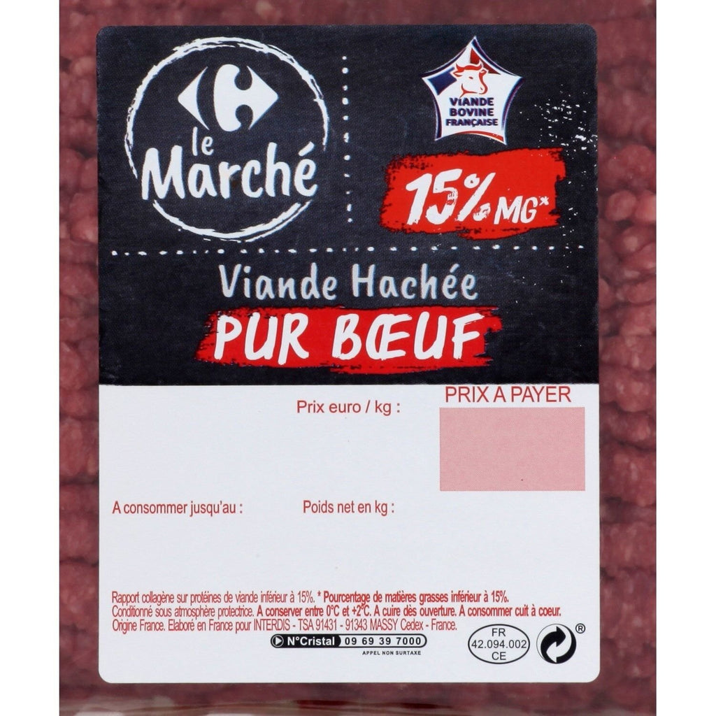Viande hachée pur bœuf 15% MG CARREFOUR LE MARCHE - 1Kg