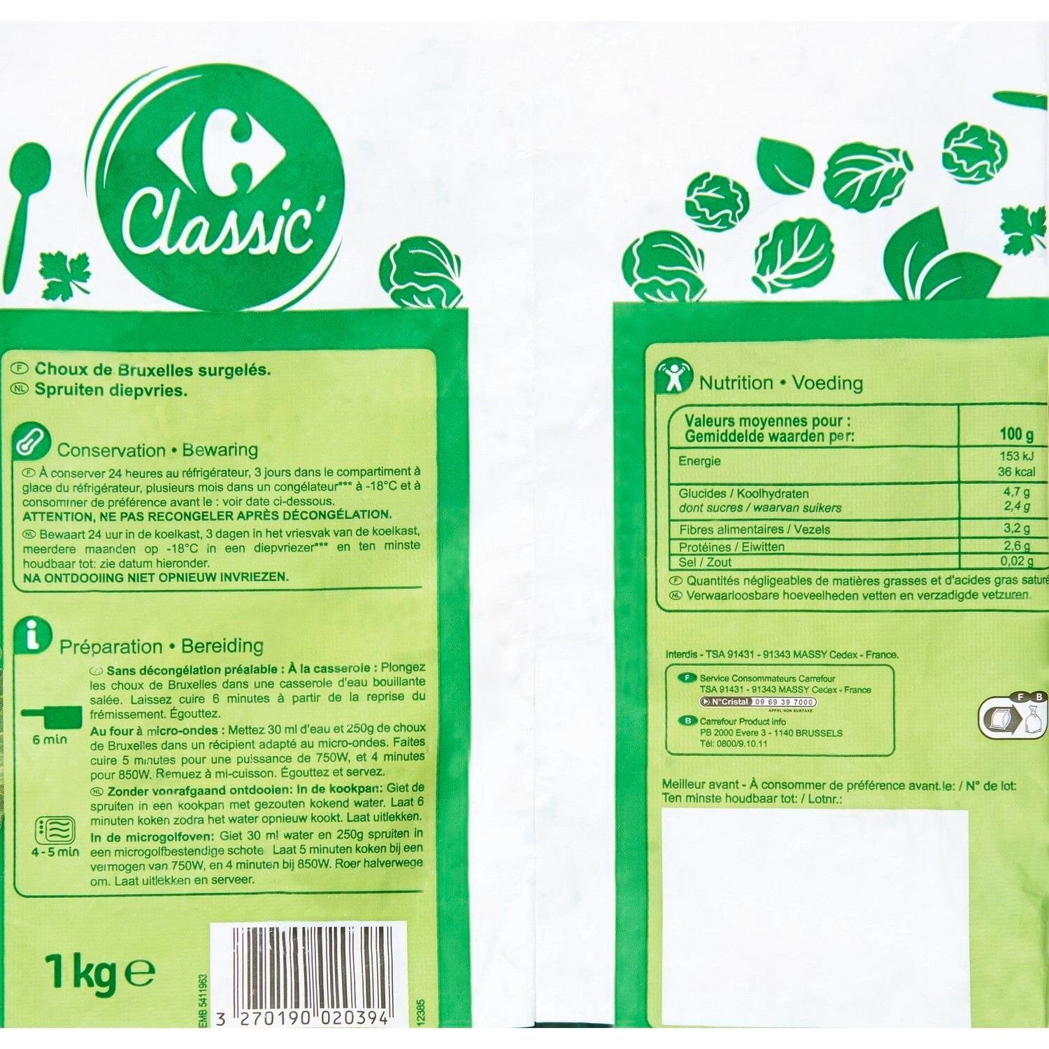 Choux de Bruxelles CARREFOUR CLASSIC -  le sachet de 1Kg