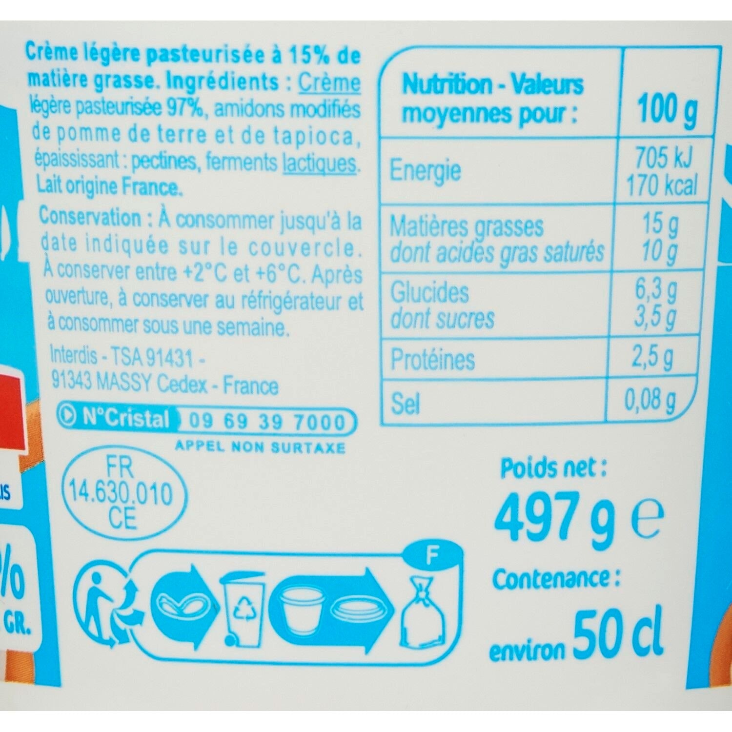 Crème Fraîche Épaisse Légère 15% Mg CARREFOUR CLASSIC - le pot de 497 G