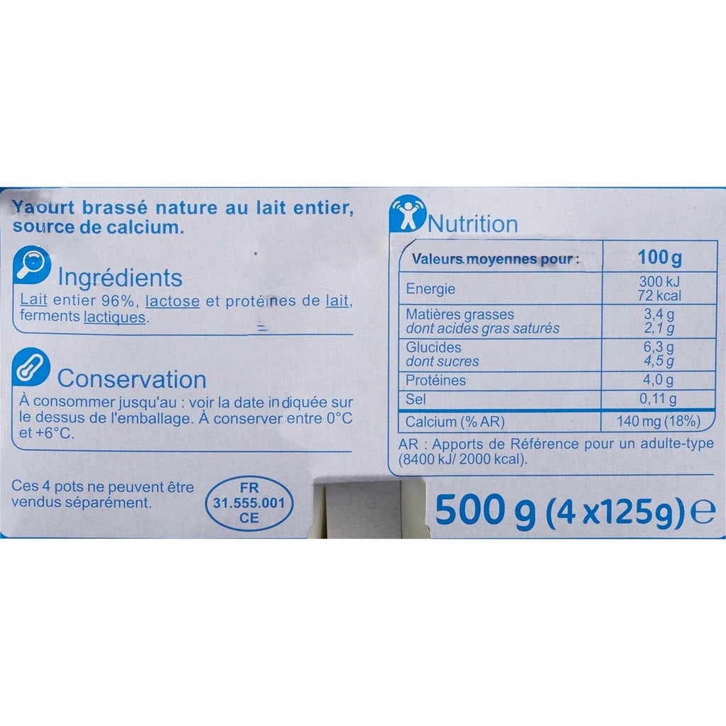Yaourts Brassé Nature CARREFOUR CLASSIC - Les 4 pots de 125 G