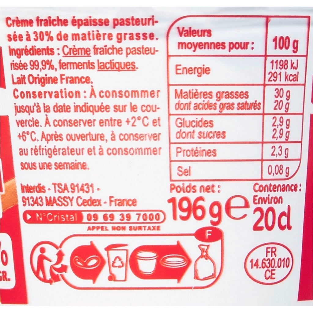 Crème Fraîche Entière Epaisse 30% Mat.Gr. CARREFOUR - Le pot de 196 G