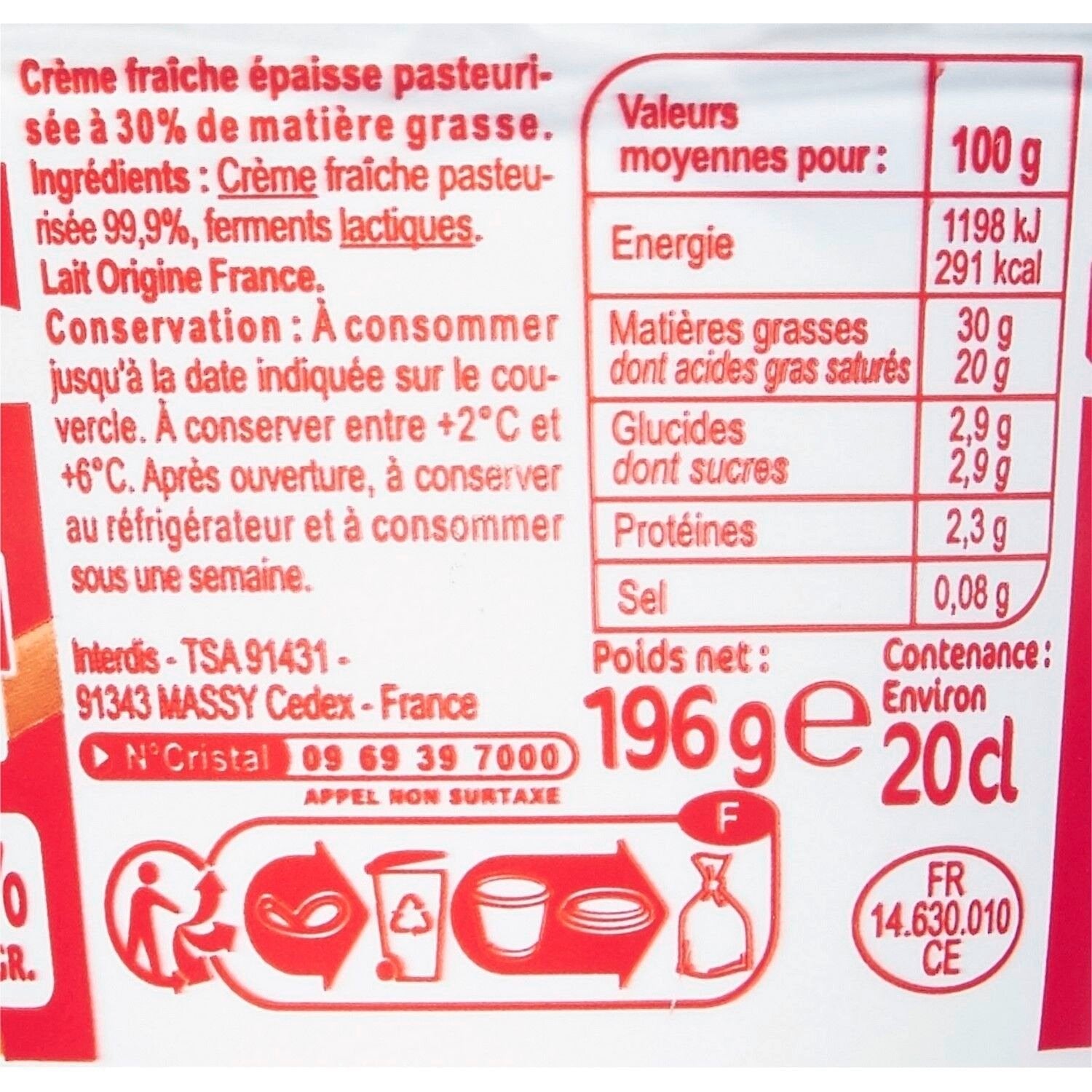 Crème Fraîche Entière Epaisse 30% Mat.Gr. CARREFOUR - Le pot de 196 G