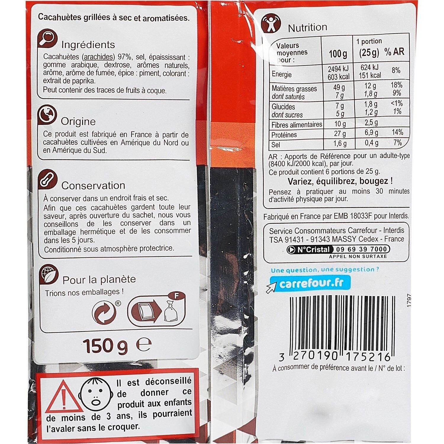 Cacahuètes aromatisées grillées à sec CARREFOUR  le sachet de 150g