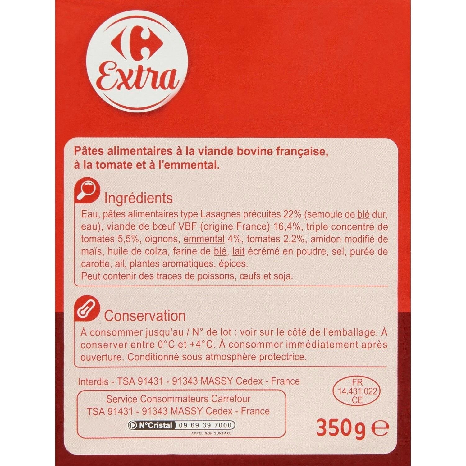 Plat cuisiné lasagnes bolognaise CARREFOUR EXTRA 350g