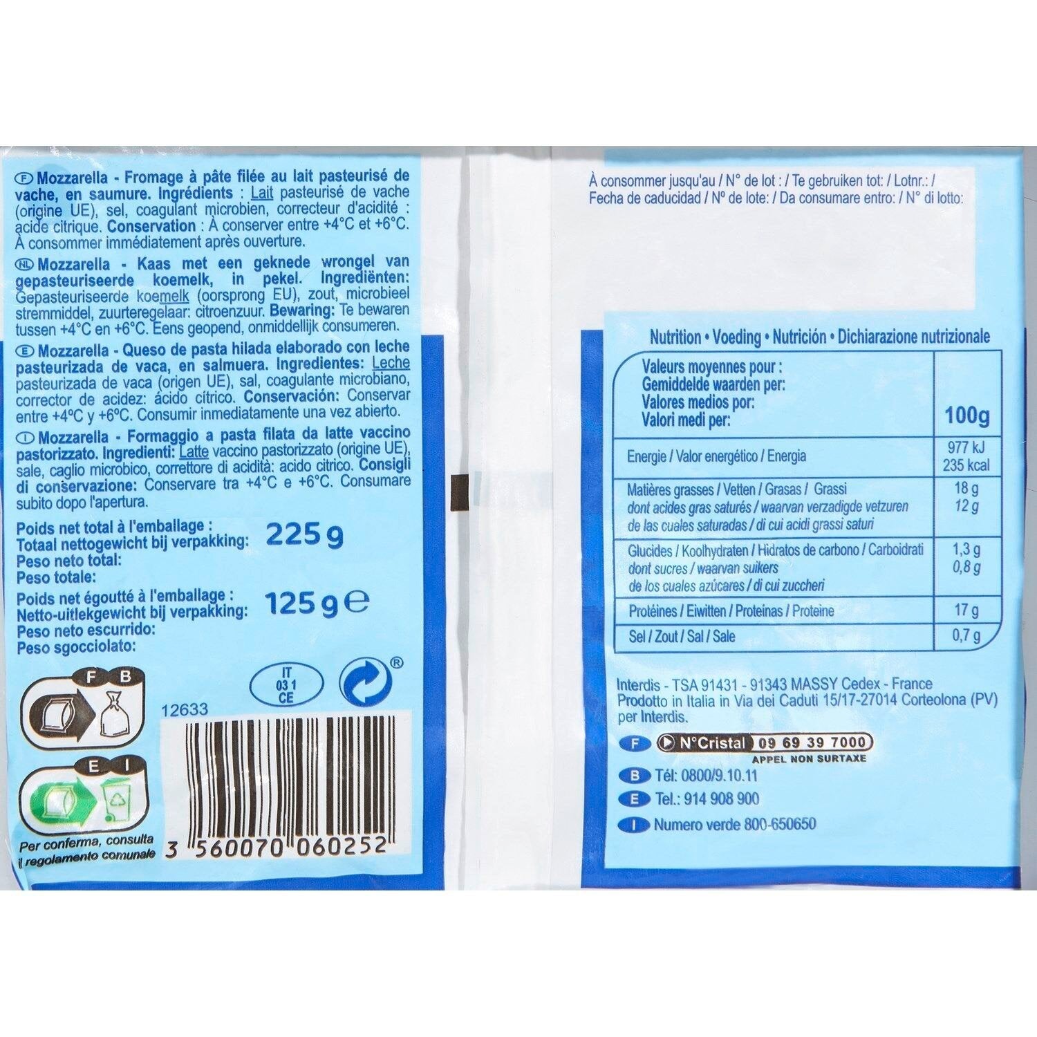 Mozzarella CARREFOUR CLASSIC - Le sachet de 125 G