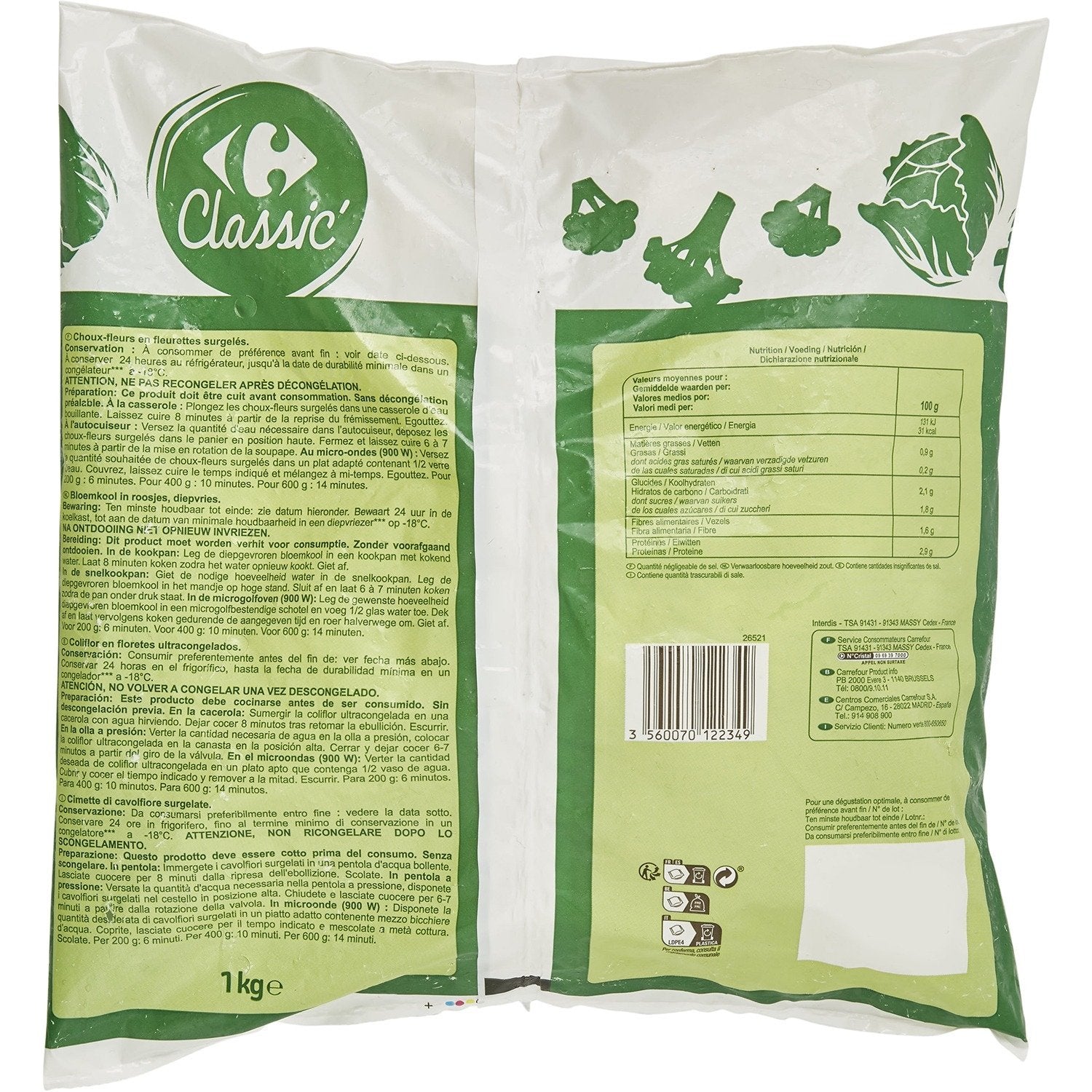 Choux-fleurs en fleurettes CARREFOUR CLASSIC -  le sachet d’un 1Kg