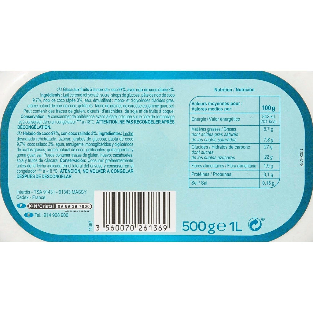 Glace coco CARREFOUR EXTRA - le bac de 1L