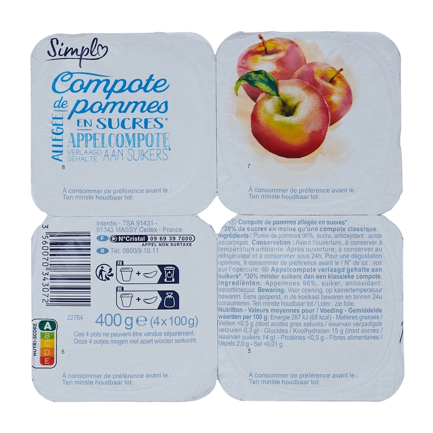 Compote de pommes CARREFOUR  les 4 pots de 100g