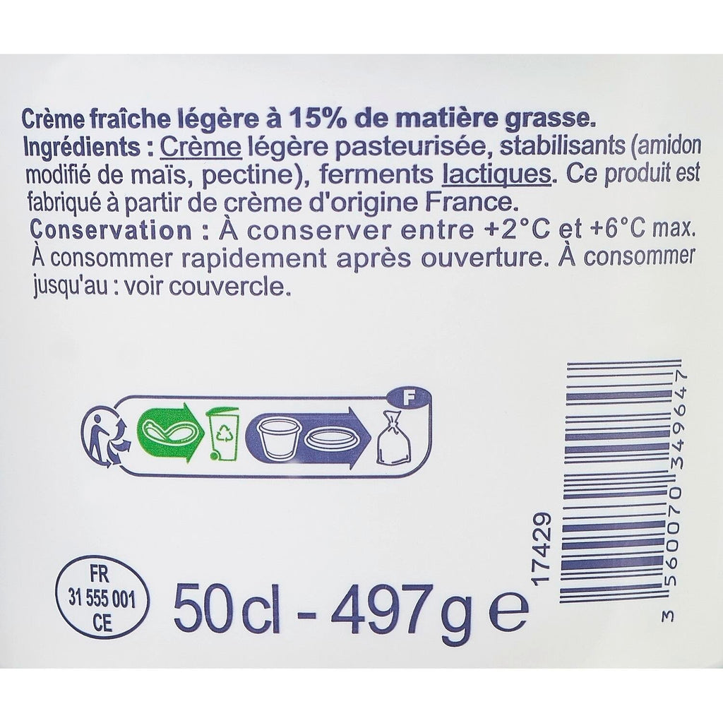 Crème Fraîche Légère 15% Mat.Gr. CARREFOUR - le pot de 50 G