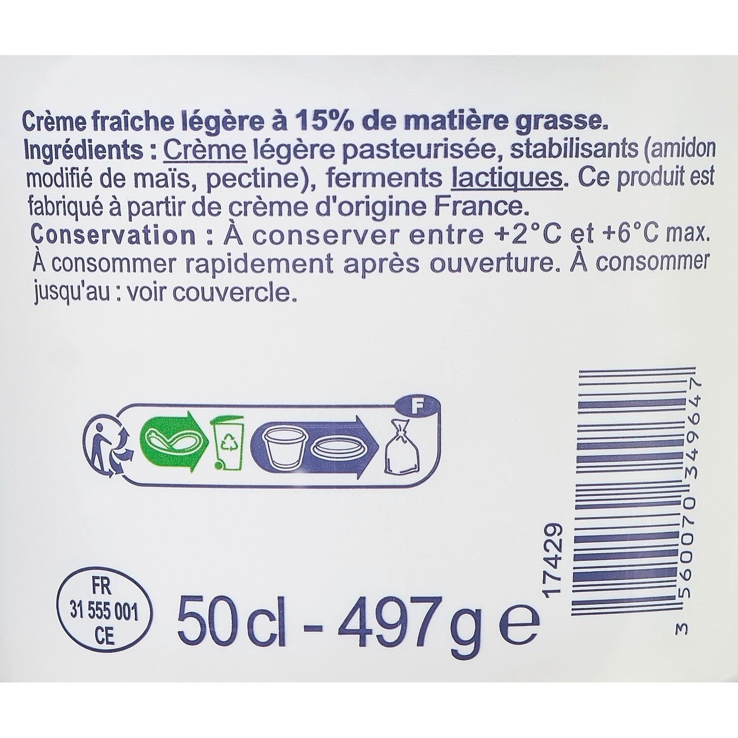 Crème Fraîche Légère 15% Mat.Gr. CARREFOUR - le pot de 50 G