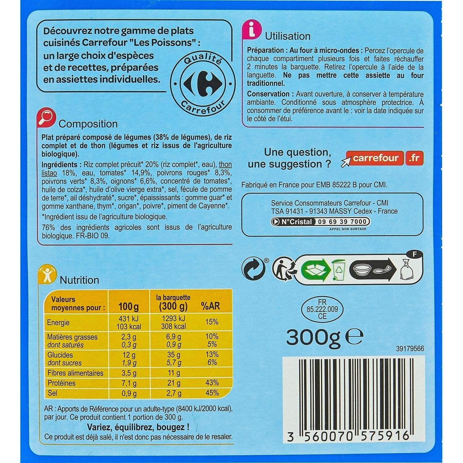 Plat cuisiné thon basquaise et riz CARREFOUR la barquette de 300g