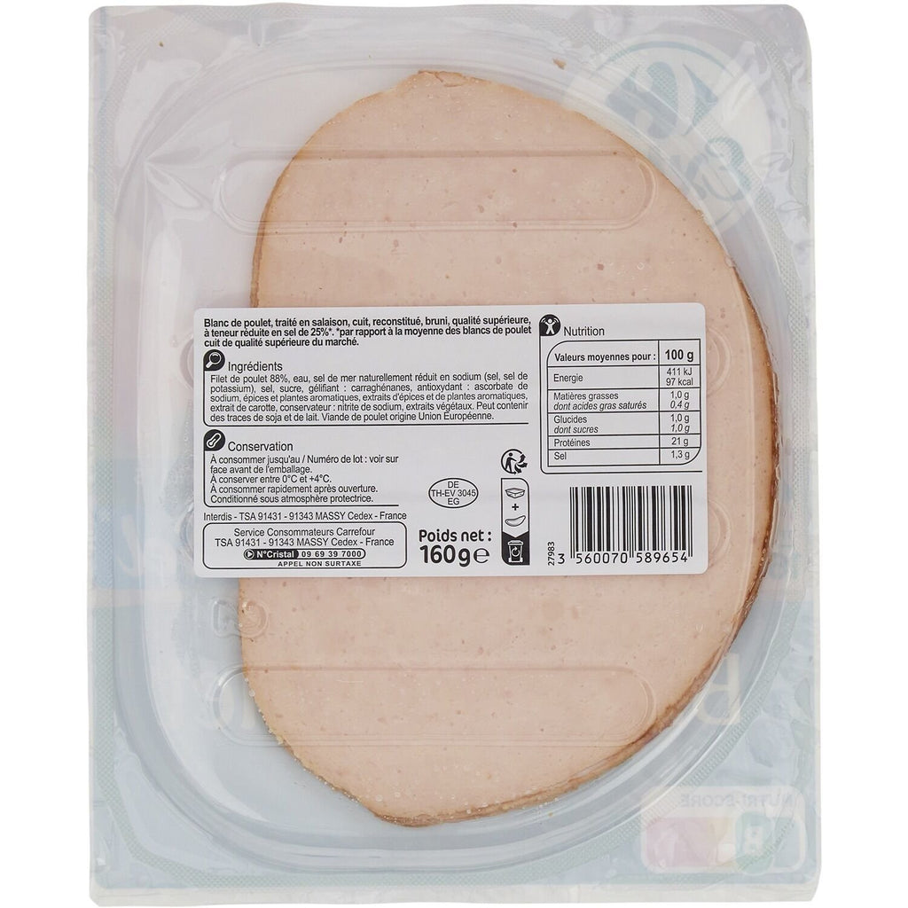 Blanc de poulet réduit en sel CARREFOUR EXTRA - 4 tranches - 160g