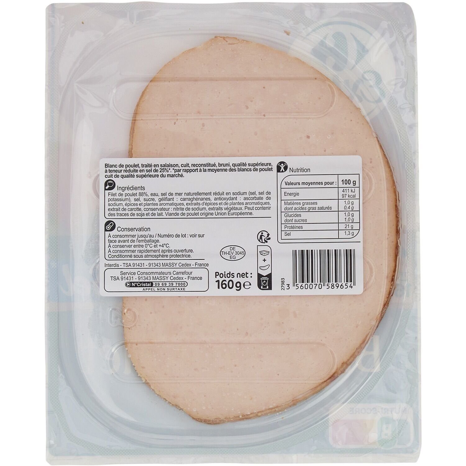 Blanc de poulet Réduit en Sel - CARREFOUR EXTRA - La barquette de 4 tranches - 160 G