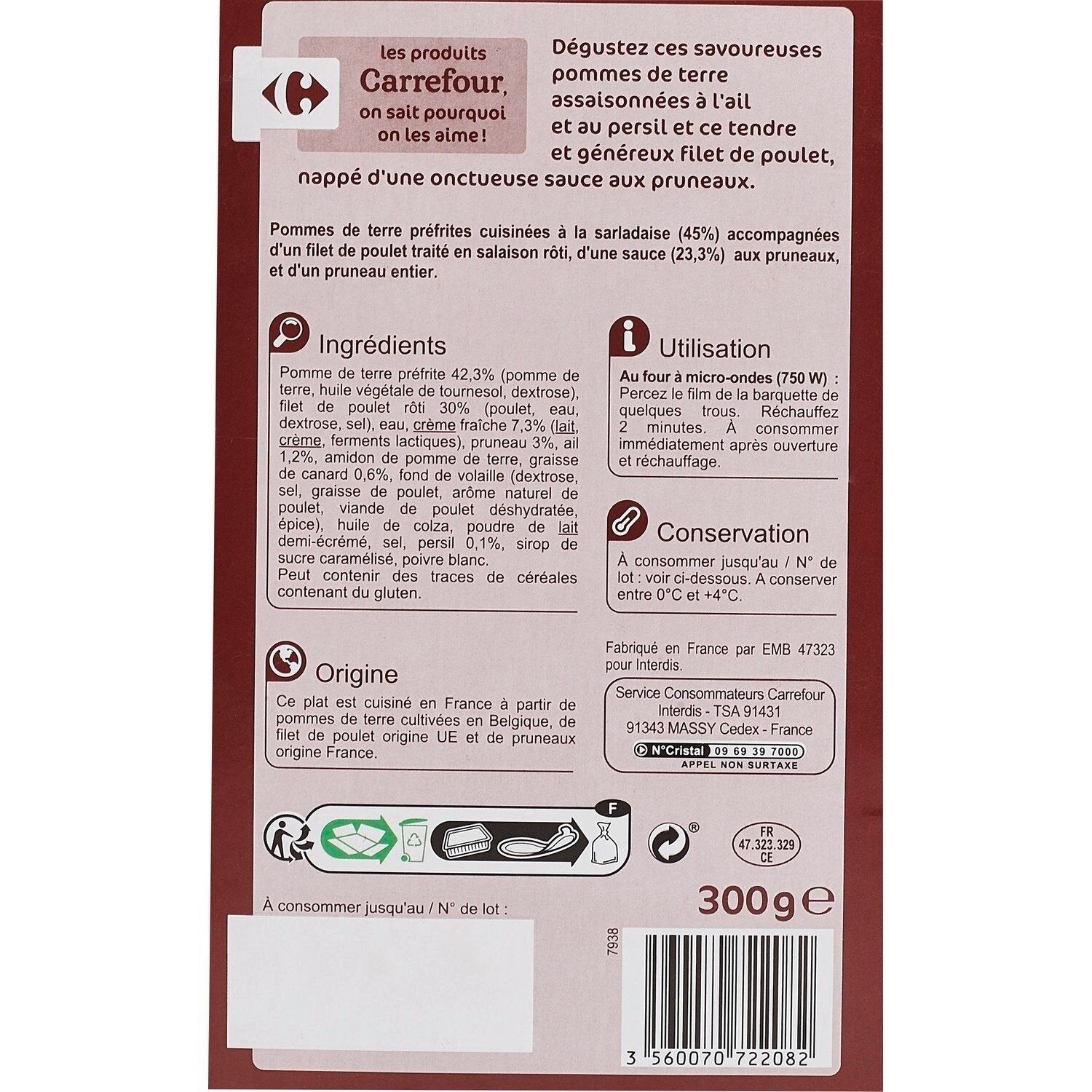 Plat cuisiné poulet pommes de terre CARREFOUR la barquette de 300g