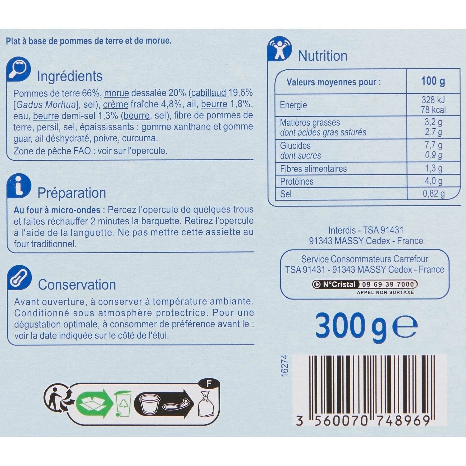 Plat cuisiné parmentier de morue CARREFOUR EXTRA 300g