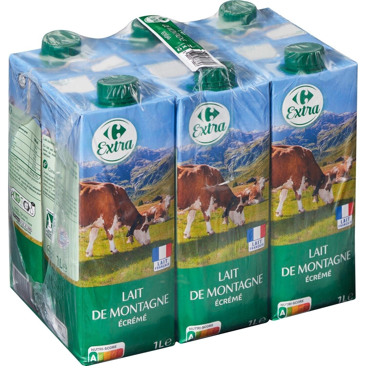 Lait Ecrémé Montagne CARREFOUR EXTRA - le pack de 6 briques de 1 L