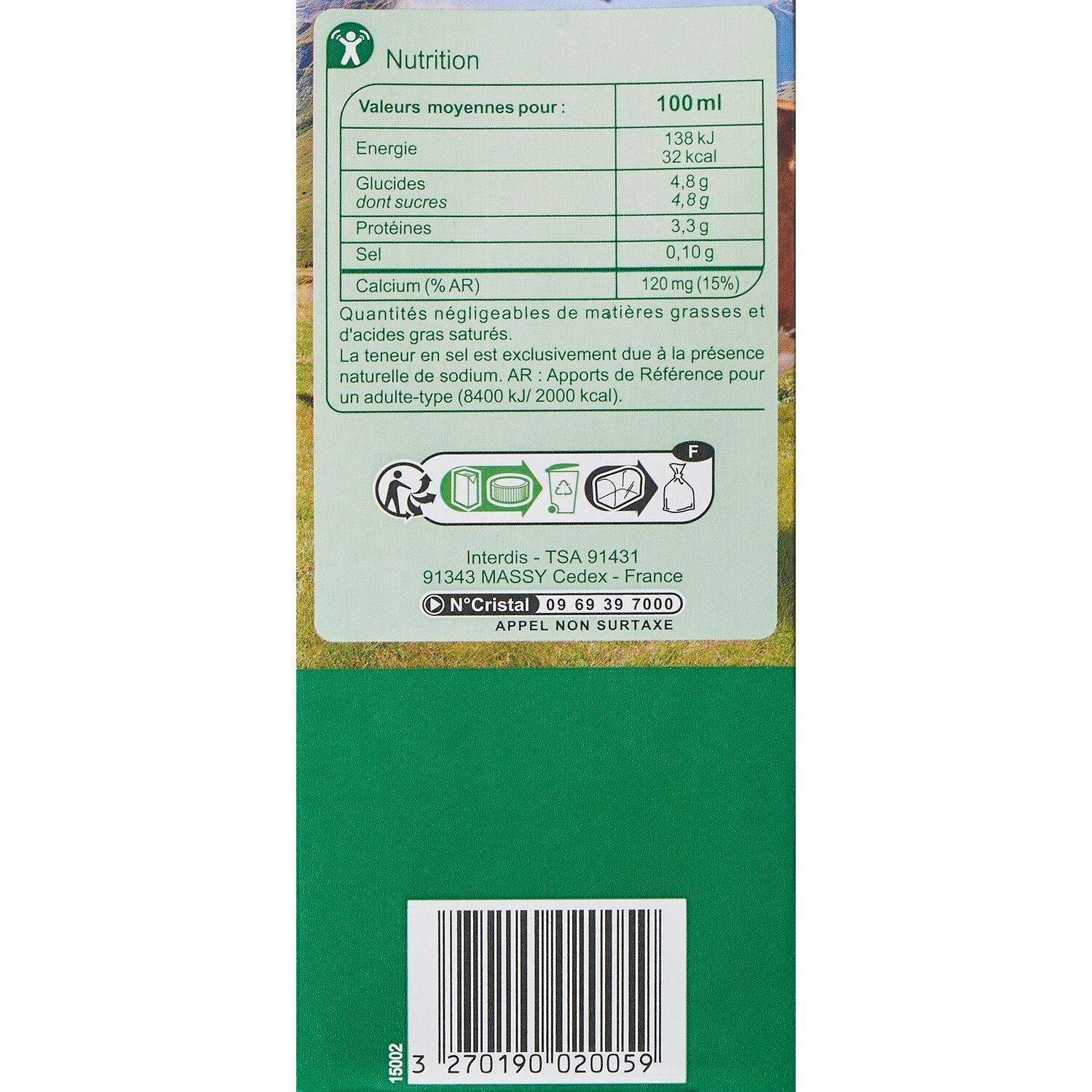 Lait Ecrémé Montagne CARREFOUR EXTRA - le pack de 6 briques de 1 L