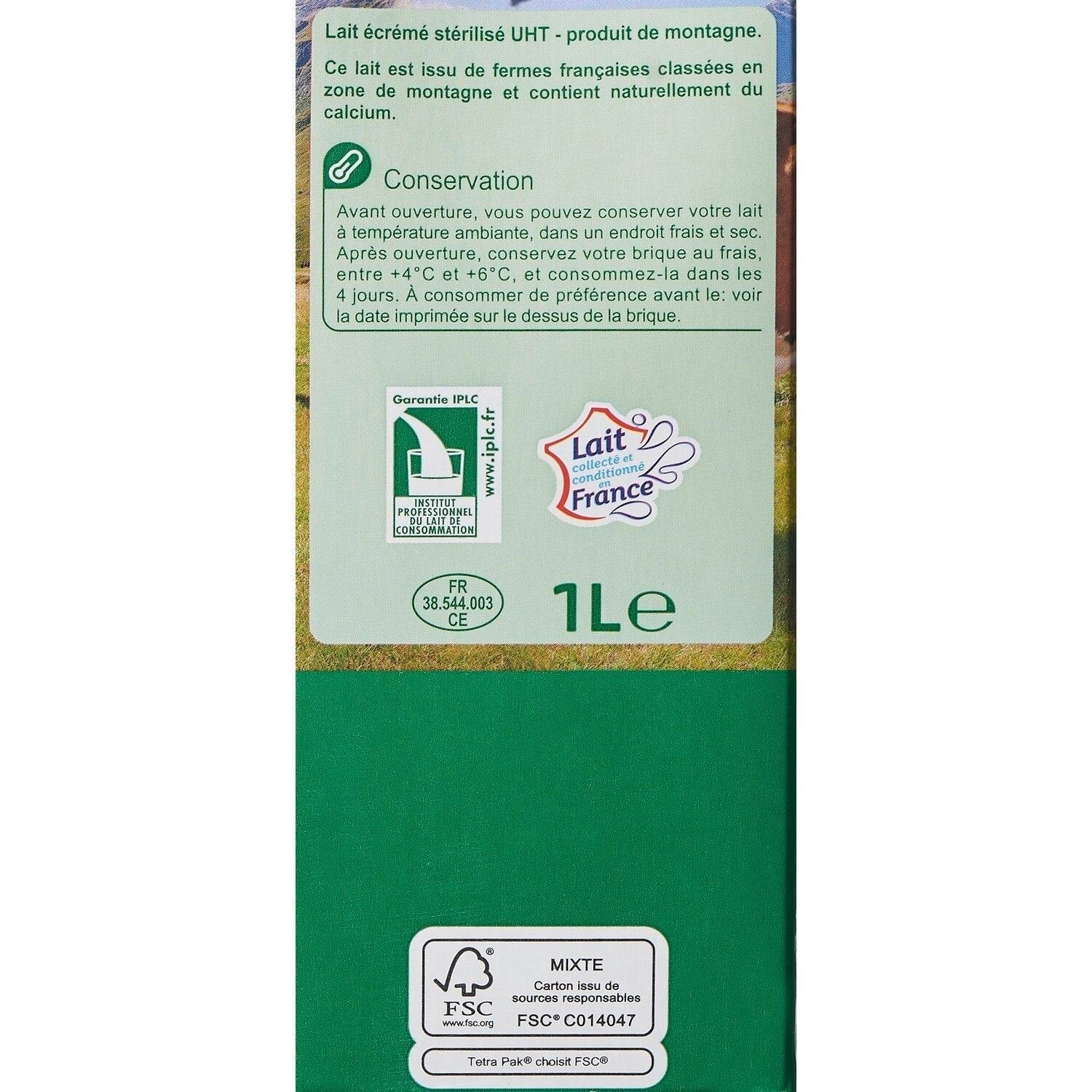 Lait Ecrémé Montagne CARREFOUR EXTRA - le pack de 6 briques de 1 L