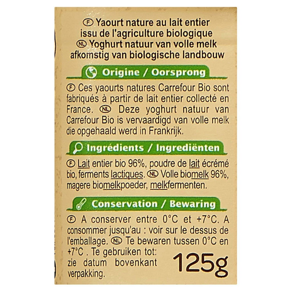Yaourts nature Bio CARREFOUR BIO - Les 4 pots de 125 G