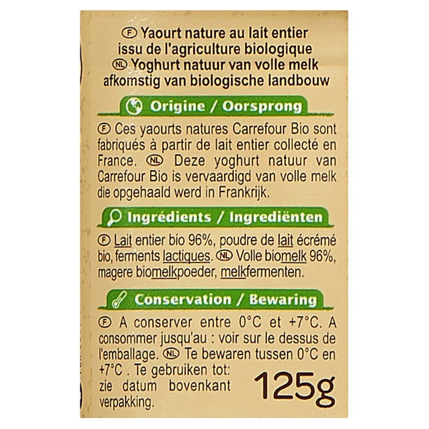 Yaourts nature Bio CARREFOUR BIO - Les 4 pots de 125 G