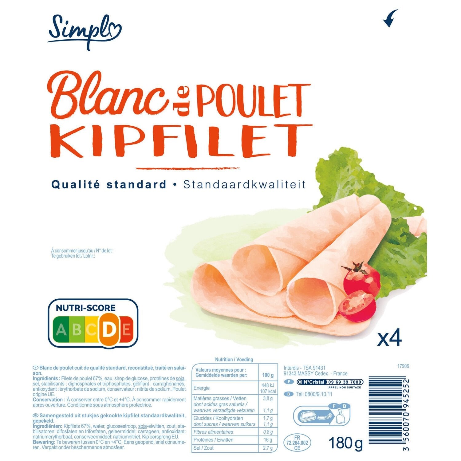 Blanc de poulet SIMPL - 4 tranches - 180g