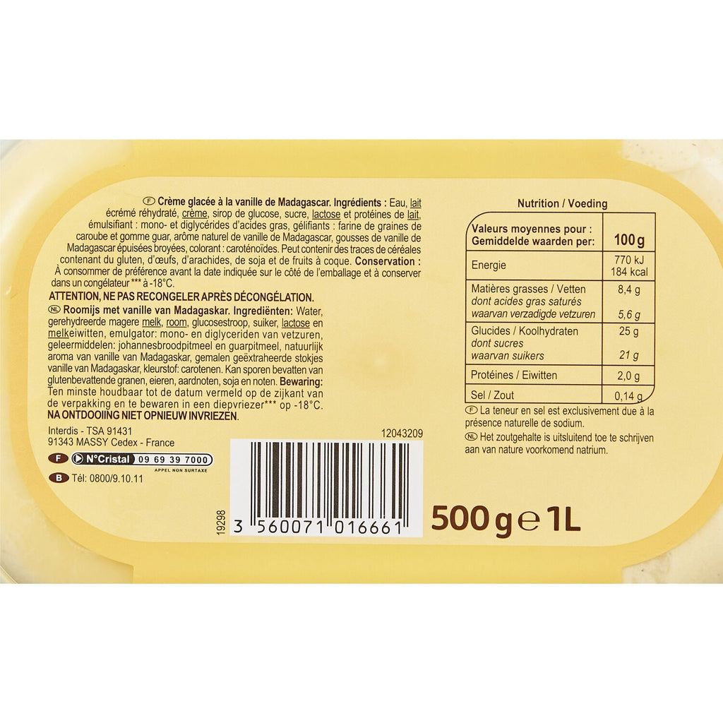 Glace vanille CARREFOUR - le bac de 500g