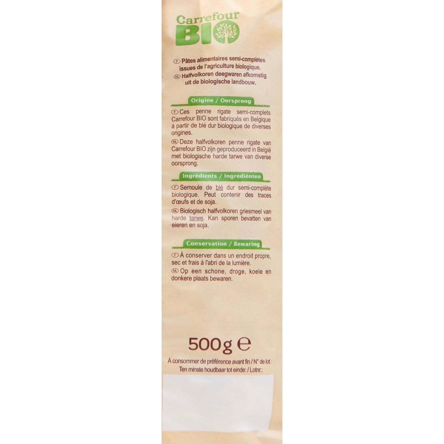 Pâtes penne rigate semi-complet bio CARREFOUR BIO 500g
