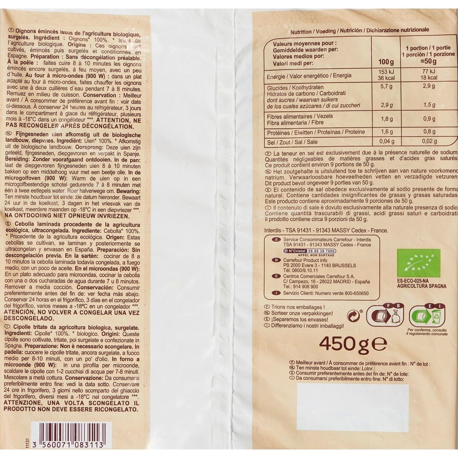 Oignons émincés Bio CARREFOUR BIO - le sachet de 450g