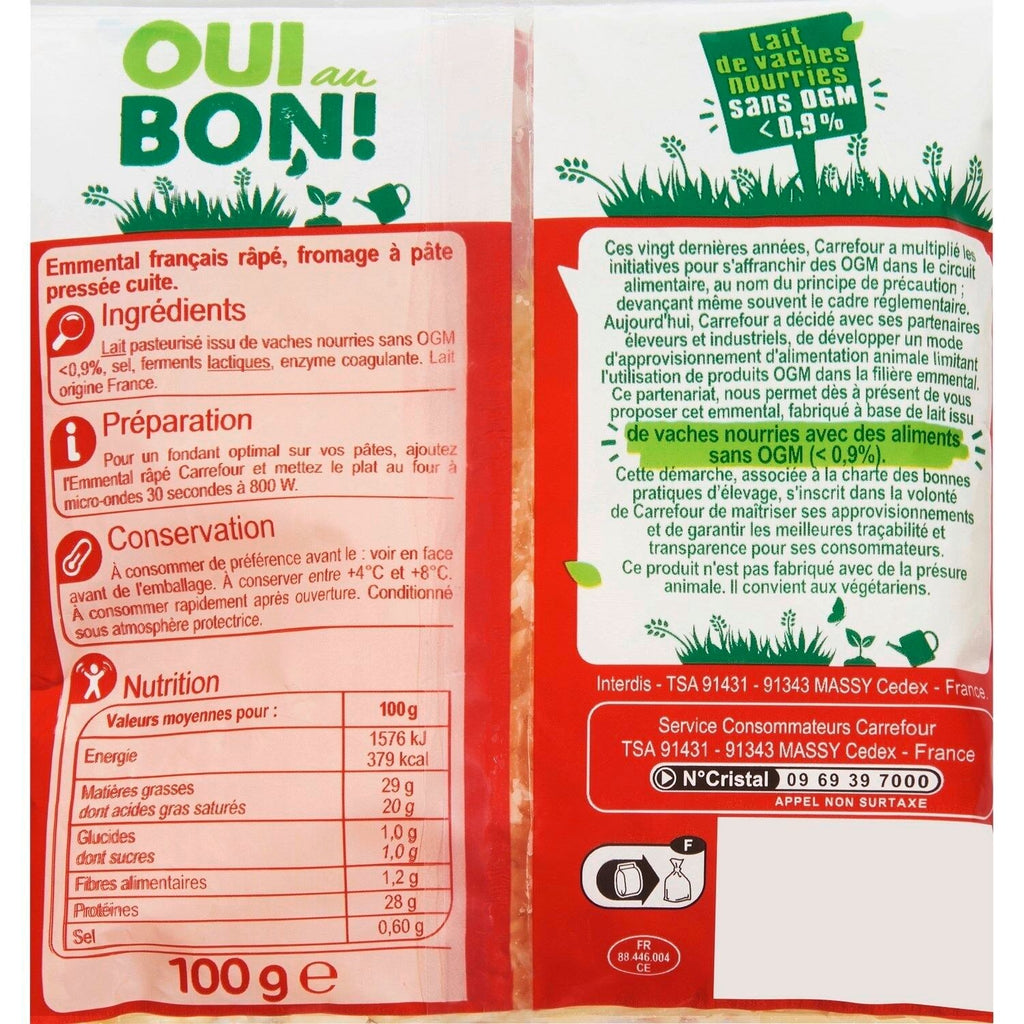 Fromage Râpé Emmental Sans OGM CARREFOUR CLASSIC - sachet de 100 G