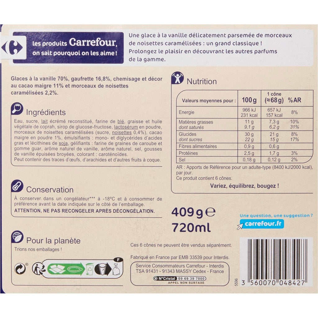 Glaces cônes vanille CARREFOUR - 6 pcs - 409g