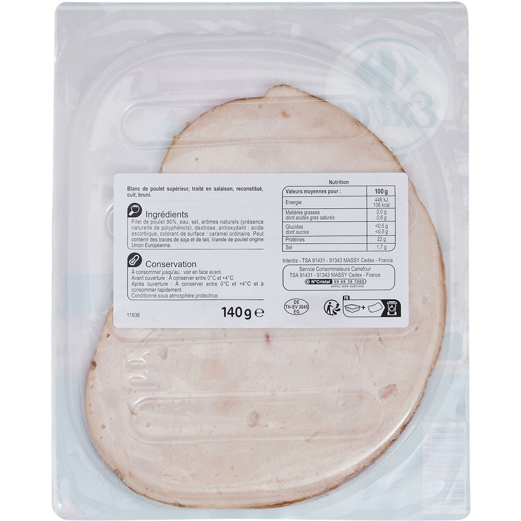 Blanc de poulet conservation sans nitrite CARREFOUR EXTRA - 4 tranches - 140g
