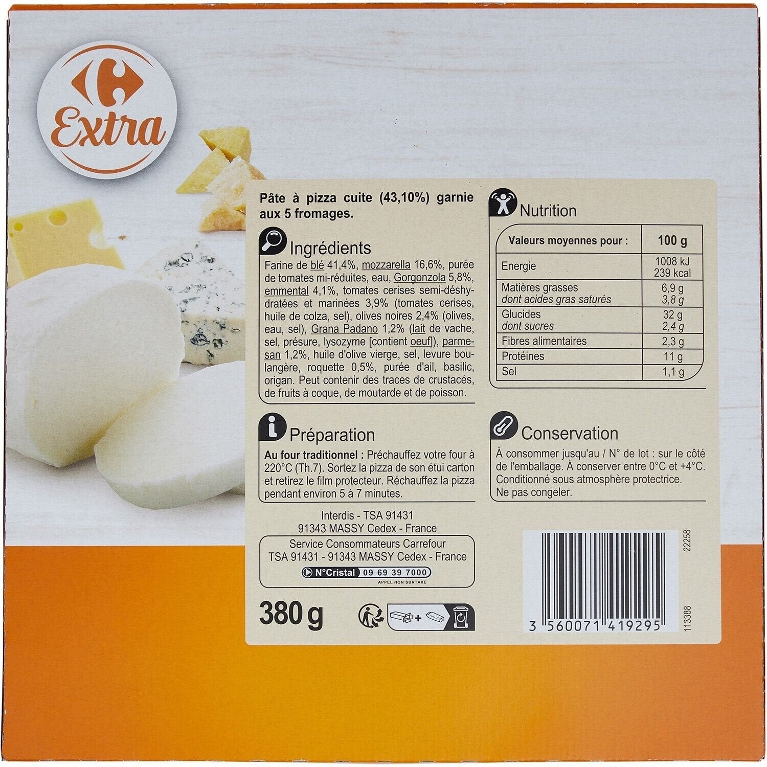 Pizza 5 fromages CARREFOUR EXTRA 380g