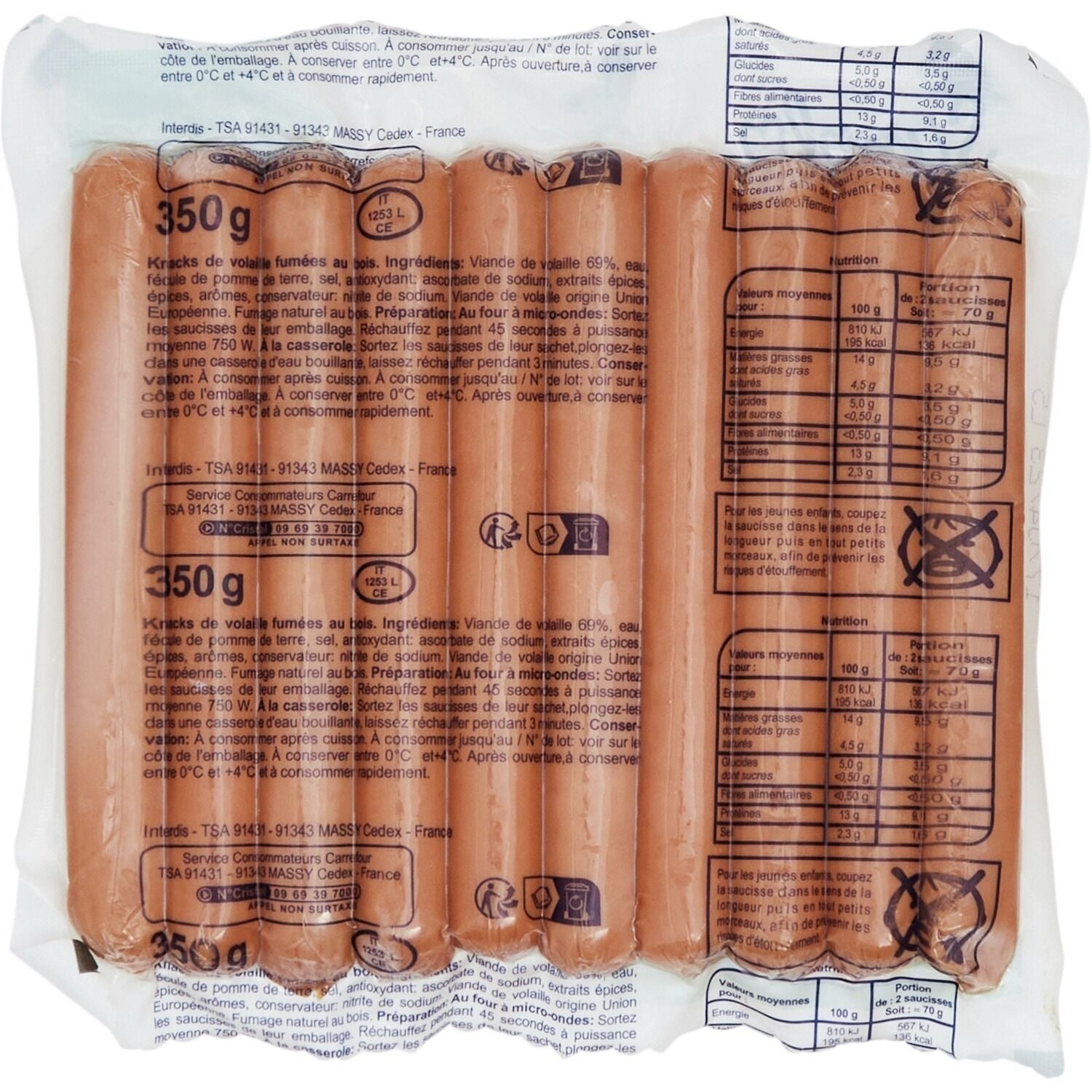 Knack de volaille fumées SIMPL - paquet de 10 - 350g