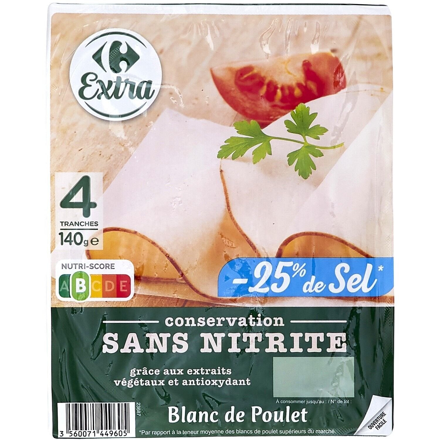 Blanc de poulet sel réduit sans nitrite CARREFOUR EXTRA - 4 tranches - 140g