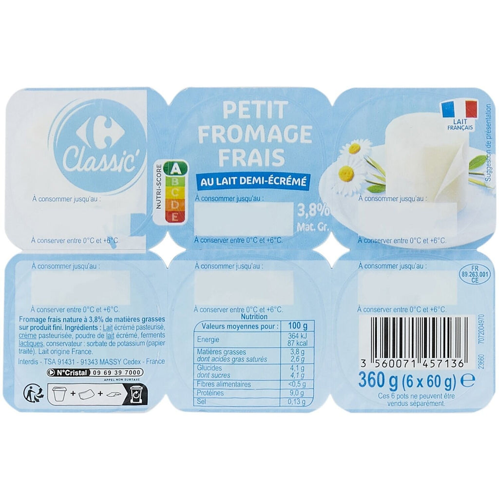 Fromage frais 3,8% MG CARREFOUR CLASSIC - 6 pots de 60g