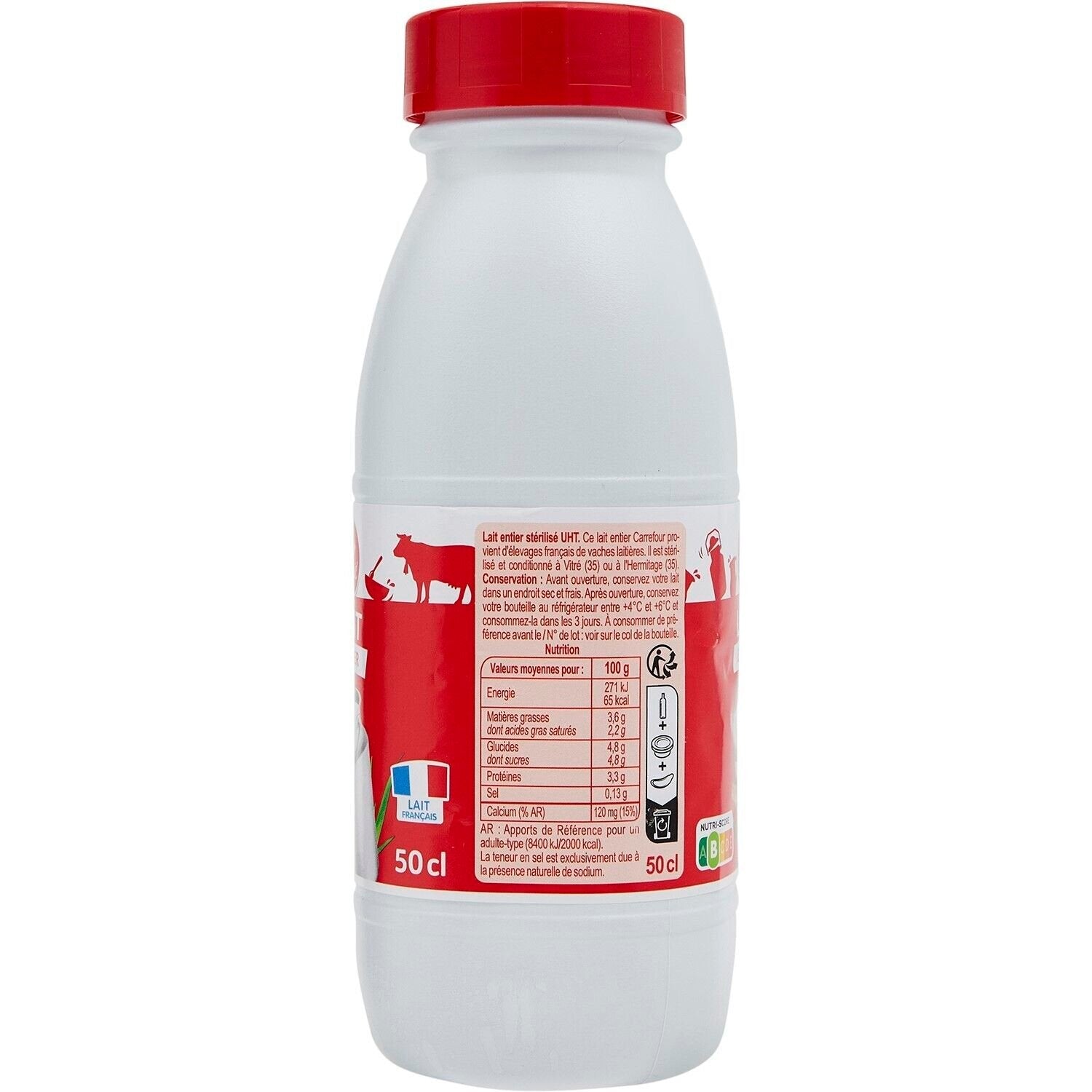 Lait Entier entier CARREFOUR CLASSIC - La bouteille 50 CL