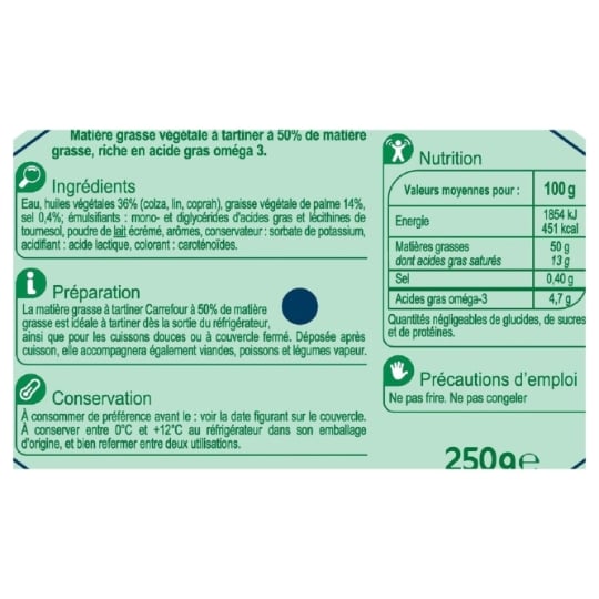 Margarine Oméga 3 doux CARREFOUR CLASSIC - La barquette de 250 G