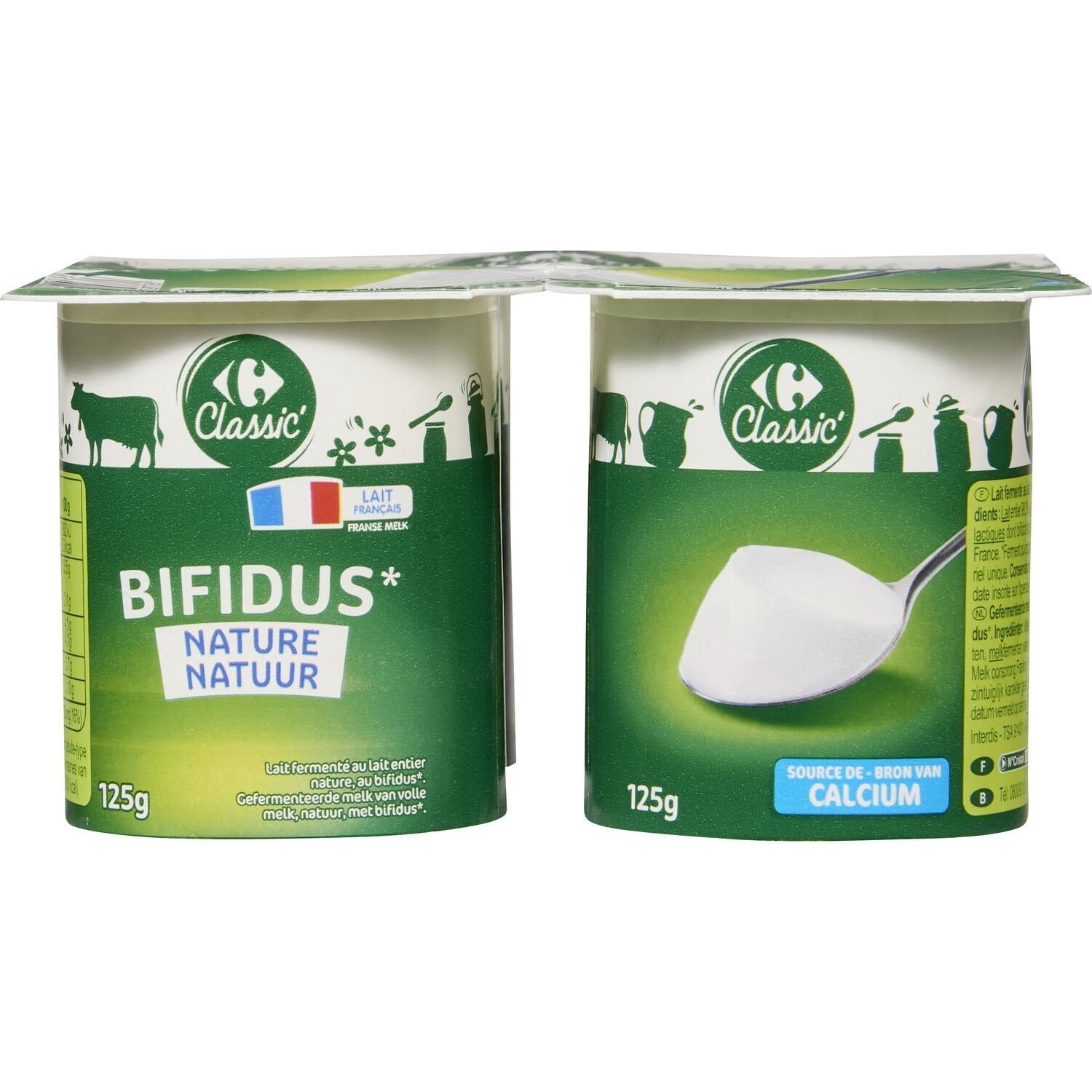 Yaourts bifidus nature CARREFOUR CLASSIC' les 4 pots de 125g